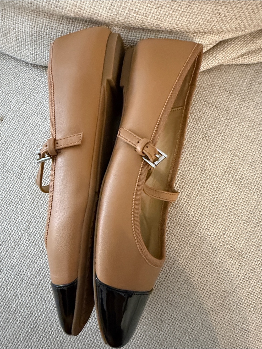 Michael Kors Tan Leather Mary Jane Flats with Black Patent Cap Toe - Picture 11 of 12